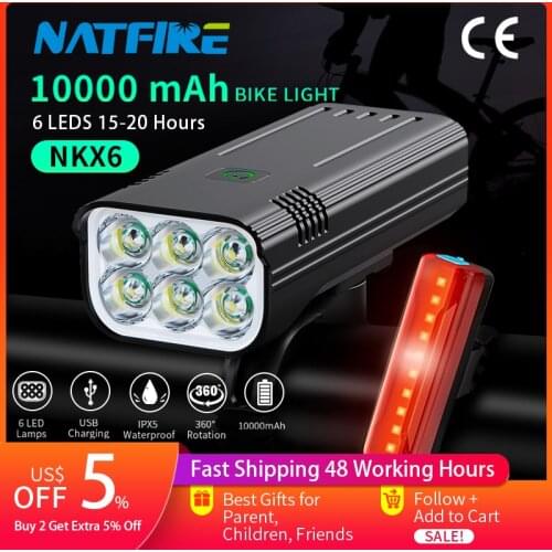 NATFIRE 10000 mAh Bike Light Rainproof USB Rechargeable LED Bicycle Light Super Bright Flashlight for Cycling Front / Rear Light