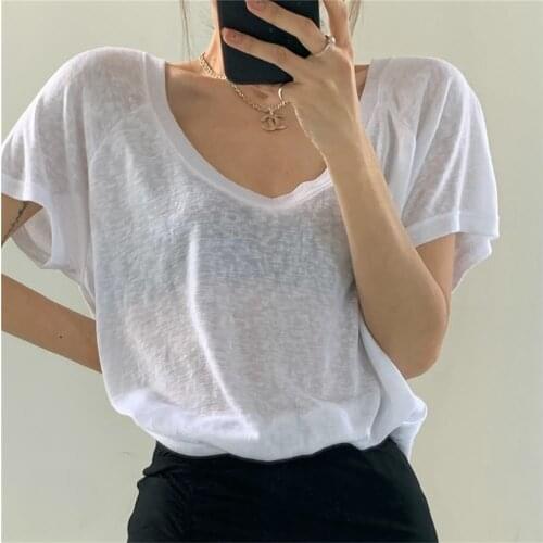 2021 New Loose Pure Color Thin Summer All Match Casual Chic Femme Short Sleeves Hot Tee Fashion Women Tops Korean T-shirts