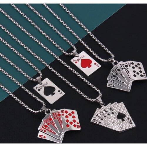 New Creative Shunzi Poker Stainless Steel Necklace Old K Red Peach A Metal Pendant Fashion Hip Hop Trendy Diamond Mens and Wome