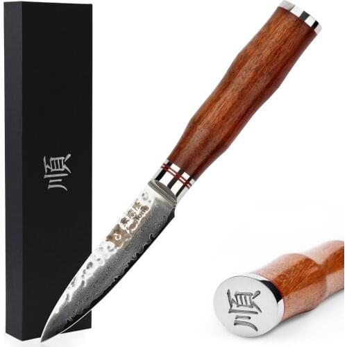 Sunlong Paring Knife 3.5 inch Peeling Knives VG10 Hammered Damascus Natural Rosewood Handle