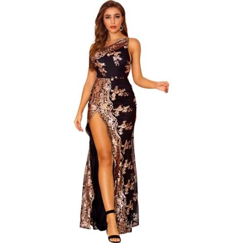 Ziamonga One Shoulder Sequined Stretchy Party Dress Hollow Out Split Leg Floor Length Bodycon Long Dresses Vestidos Longo