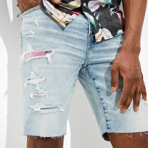 Custom Wholesale Casual Luxury Plus Size Ripped Distressed Blue Scrunch Cotton Denim Jeans Male Men Shorts