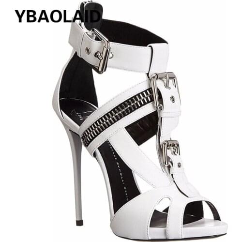 Fish Mouth Metal Buckle Zipper High Heel Fashion Sandals Summer New Style Open Toe Ankle Strap Back Zipper Stiletto Heels