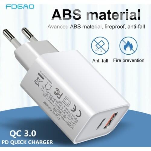 FDGAO Dual Port 18W PD Charger Quick Charge QC 3.0 USB Wall Charger for iPhone 12 11 Xr Xs Xiaomi Huawei Samsung USB C Charger