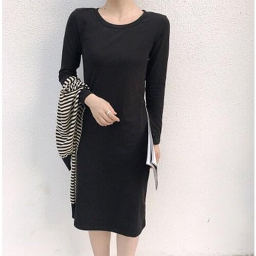 Autumn Winter Women Fashion Dress Plus Size O-neck Casual Solid Elegant Straigth Dress Long Sleeve Medium Length Dress