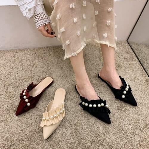 Women Summer Slippers Casual Mature Pearl Pointed Toe Mules Spring Cloth Outside Elegant Office Ladies Shoes Banquet Sandals