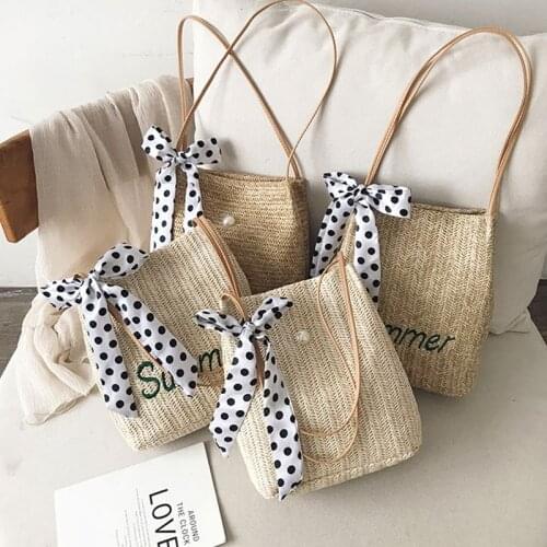 Straw Woven Handmade Shoulder Bag Women Fashion Casual Solid Handbag Tote With Dot Bow Scarf