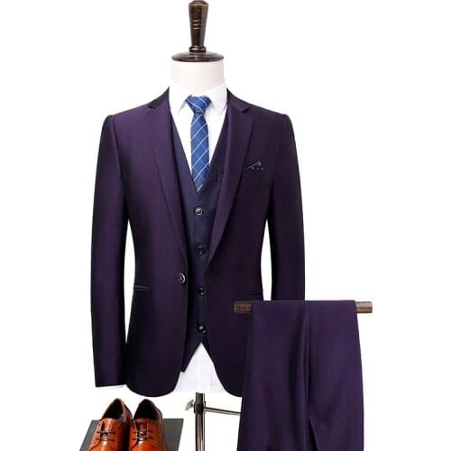 Top Quliaty 2021 New Men Business Suit Slim fit Classic Pure Male Dress Suits Purple Blazers 3 Pieces/jacket+pants+vests #878