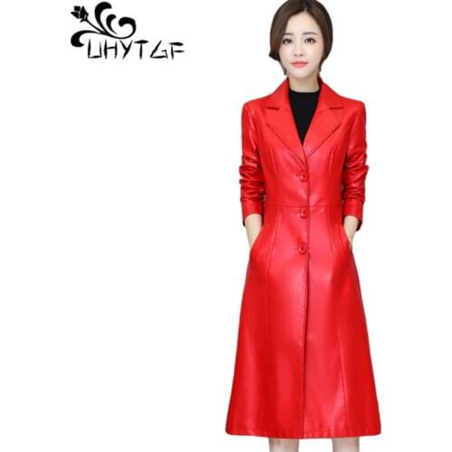 UHYTGF Plus size Women Leather trench coat Spring Autumn long Windbreaker Outerwear leather Coats Woman M-5XL High quality 789