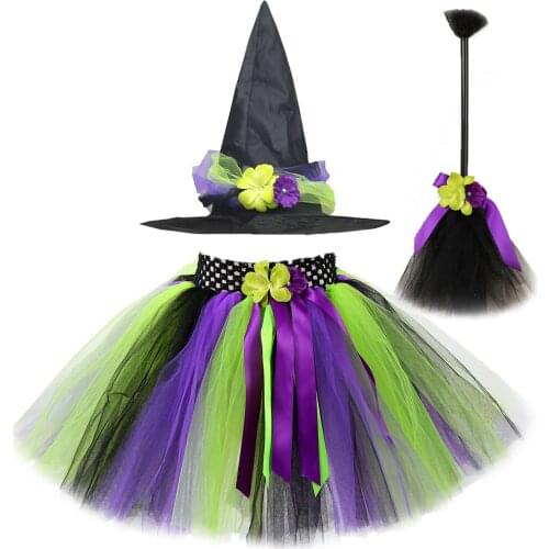 Witch Tutu Skirt for Girls Halloween Cosplay Costumes for Girl Princess Tulle Skirts with Witch Hat Magic Broom Child Tutus jids