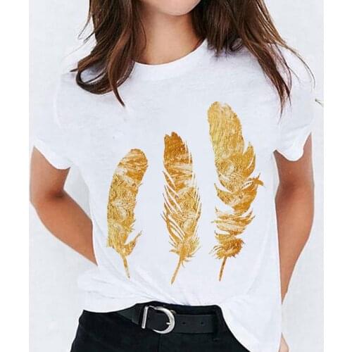 Feather Graphic Printing Female Tshirt Casual White Summer New Fashion Simple Crew Neck Ladies T shirt