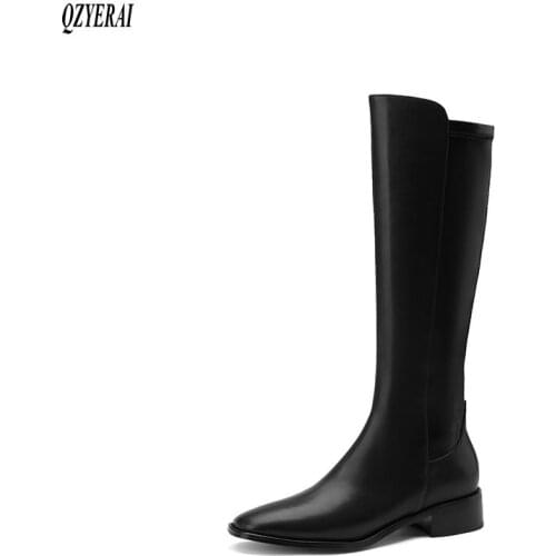 Women boots knee boots Genuine leather Motorcycle boots black Side zipper 2020 new autumn winter cowhide Women shoes