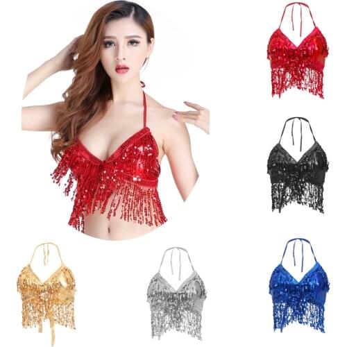 Womens Latin Belly Dance Costume Outfits Bra Tops Sequin Halter Top