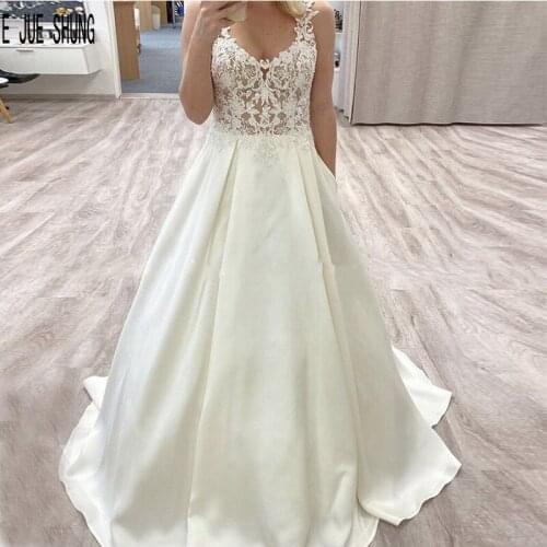 E JUE SHUNG Sexy Illusion Lace Wedding Dresses V Neck Appliques Beach Satin Bridal Gowns A Line Backless Vestios De Novia