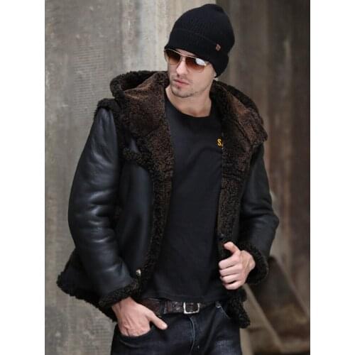 2019 New Mens Black Sheepskin Shearling Jacket Thick Short Fur Coat Leather Jacket Detachable Sleeves Mens Winter Coats