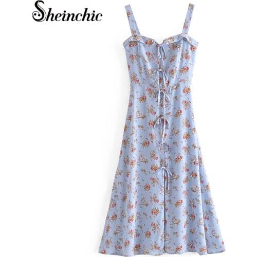 2021 Floral Printed A-line Dress Women Blue Summer Sexy Backless Sleeveless Spaghetti Strap Beach Midi Dresses Party
