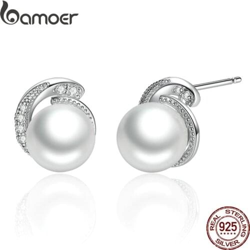 BAMOER Pearl Earrings Jewelry 925 Sterling Silver White Pearl Push-back Stud Earrings For Women Fashion Jewelry SCE021