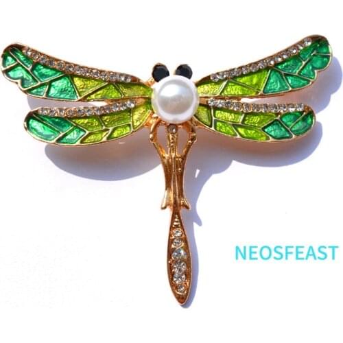 Fashion Jewelry Dragonfly Rhinestone Brooch Women Pearl Pin Enameled Brooch Green Color Ladies Party Gifts Dress Accessories