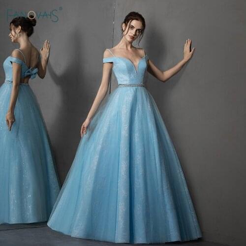 Elegant Evening Dresses 2019 Off the Shoulder Lace Ball Gown Blue Prom Dress Beaded Sash Floor Length Vestido de Fiesta NE80