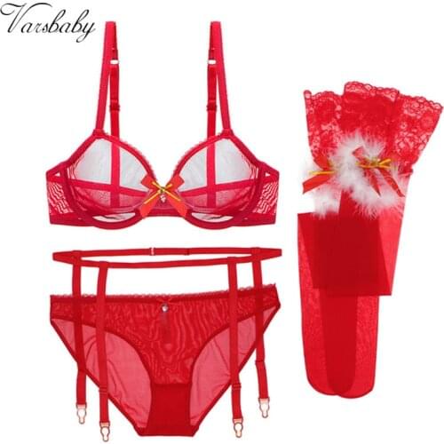 Varsbaby new sexy christmas big red see-through underwear set 4pcs bras+panties+garters+stockings