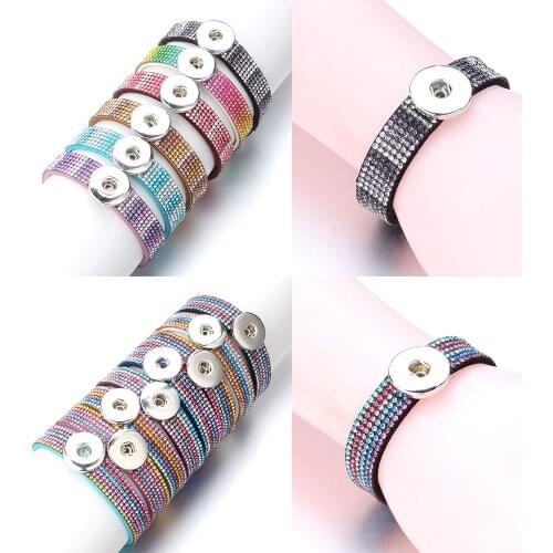 Colorful Snap Button Bracelets Leather Crystal Rhinestones Wide Bangles For Women 18MM Snap Button Bracelet Men Jewelry