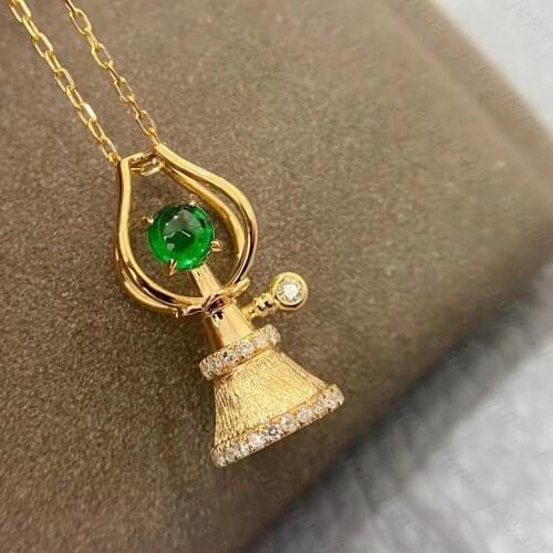 Natural emerald pendant 925 silver ladies three-dimensional pendant necklace Aladdin magic lamp design