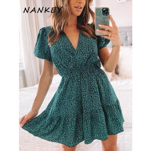 NANKEY Puff Sleeves Tiered Dress Green Floral Women Summer Dress Elegant Ruched Party Mini Dresses Female Sexy SunDress