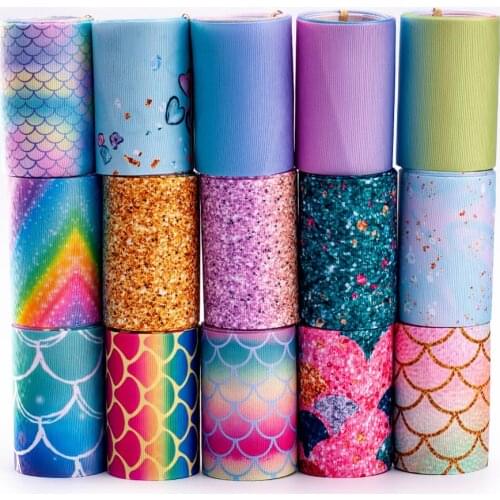 Mix 5 yards 3‘’ Heat Transfer Fish Scales Gradient Printed Glitter Grosgrain Party Accessories DIY material Ribbon
