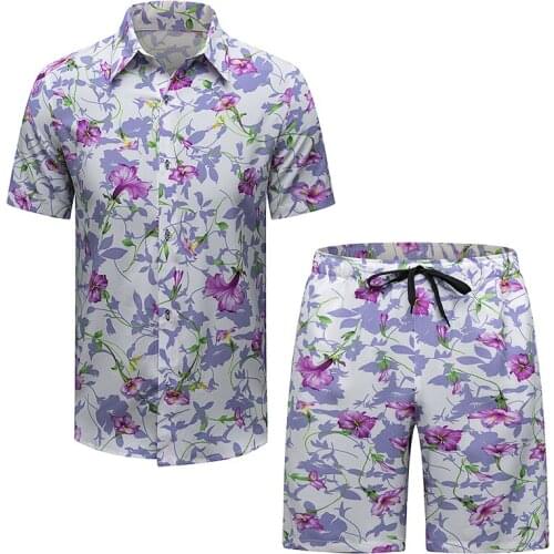 Fashion Summer High Quality Beach Suits Mens 2 Pieces Set Digital Printing Button Shirts