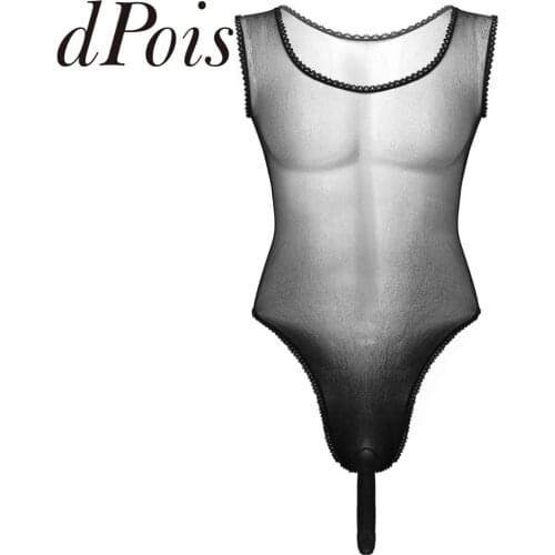 Mens One-piece See Through Sheer Lace Mesh Sissy Lingerie Sleeveless High Cut Bulge Pouch Jumpsuit Leotard Bodysuit Nightwear
