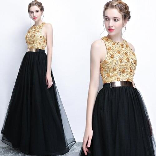 New black with golden floor length sleeveless lady girl women princess bridesmaid banquet party dress gown