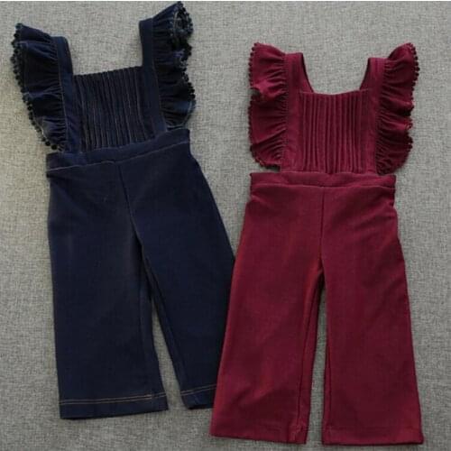 2017 spring New Fashion Fall Ruffles Soft Jean Suspend Pants for girls Princess Baby Solid Trousers 3-8y toddler girls clothing