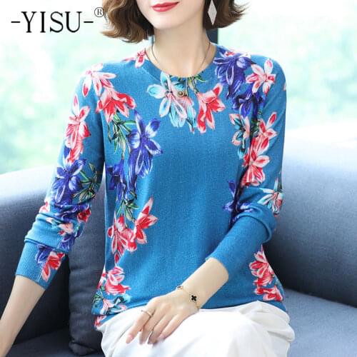 YISU New Women Knitted Sweater Morning glory Printing Tops Female Long sleeve Jumper Loose Casual Knitted pullove Women clothing