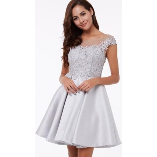 Charming Silver Homecoming Dresses O-Neck Short Sleeve Lace Prom Gowns A-line Satin Short Party Dresses Graduation Gowns
