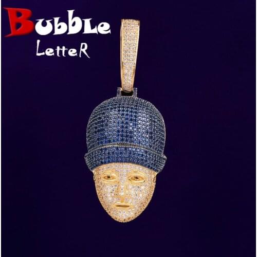 No Chain Character Face Head Pendant Necklace Blue Cubic Zircon Charm Mens Hip Hop Rock Jewelry