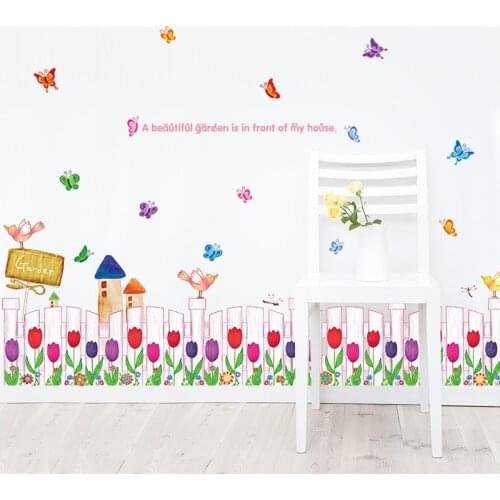 Baseboard tulip Butterflies Wall Stickers for home Decor kids room Skirting Living room Bedroom Mural Beautiful flowers sticker