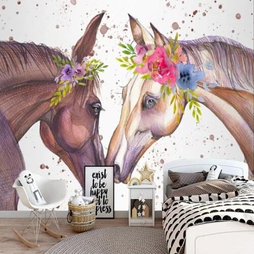 Custom Photo Wallpaper Modern Nordic 3D Watercolor Flowers Horse Abstract Background Wall Painting Papel De Parede Infantil 3 D