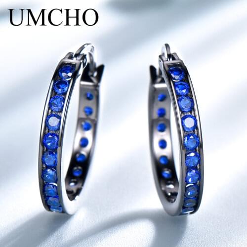 UMCHO Solid Real 925 Sterling Silver Jewelry Blue Gemstone Created Nano Sapphire Clip Earrings For Women Fine Earrings
