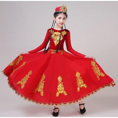 Xinjiang Dance Kids Performance Costumes Girls Stage Wear Uyghur Children Top Skirts Hat Ethnic Style Chinese Folk Girl Costume