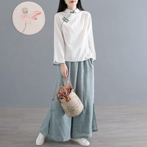 Traditional Chinese Clothing Cotton Linen Shirt Blouse Vintage Lady Solid Top Oriental Hanfu Chinese Style Clothing Women KK3631