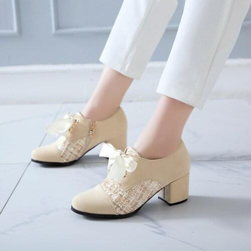 YQBTDL Fashion Spring Autumn Deep Mouth Bling Weaving Flock Women High Heels Black Beige Office Party Riband Bow Ladies Shoes 43