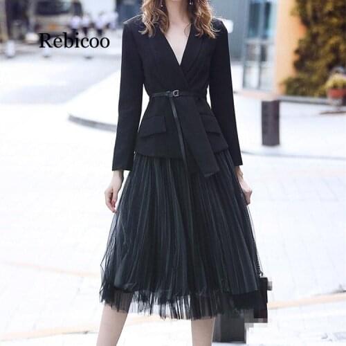 Women Black Two Piece Sets Pockets Autumn Sashes Asymmetrical Blazer Suits Casual Gauze Skirt Suits