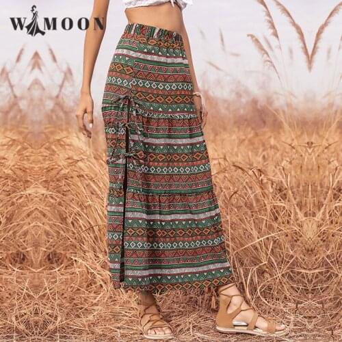 2021 Summer New Womens National Style Printing Split Skirt Leisure Beach A-LINE Lace-up Ankle-Length Medieval Woman Skirts
