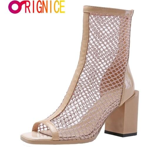 Orignice Mesh Hollow Fashion Short Boots Women 2021 New Summer Breathable Thick High Heel Sandals Sexy Peep Toe Zipper Shoes