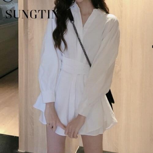 Sungtin Casual Office Lady 2 Piece Sets Elegant Sashes Lantern Sleeve Folds Long Shirt Blouses Wide Leg Shorts High Quality Sets