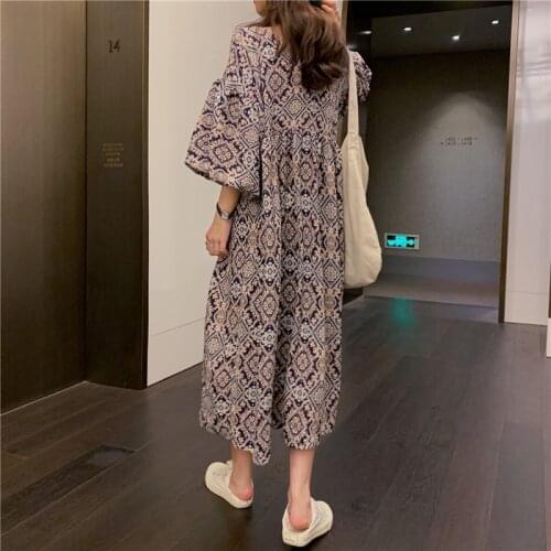 2021 New Women Summer Vintage Long Loose Floral Dress V Neck Puff Sleeve Pullover Maxi Sundress