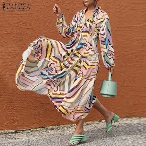 Fashion Womens Long Maxi Dress ZANZEA Elegant Print Vestido Female Puff Sleeve Robe Femme Chic V Neck Drawstring Kaftan Oversize
