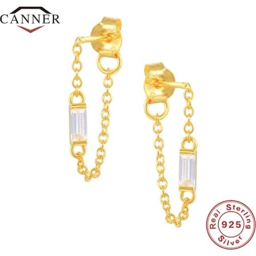 CANNER 925 Sterling Silver Tassel Chain Square Diamond Stud Earrings for Women Piercing Earring Jewelry Gift Pendientes Brincos