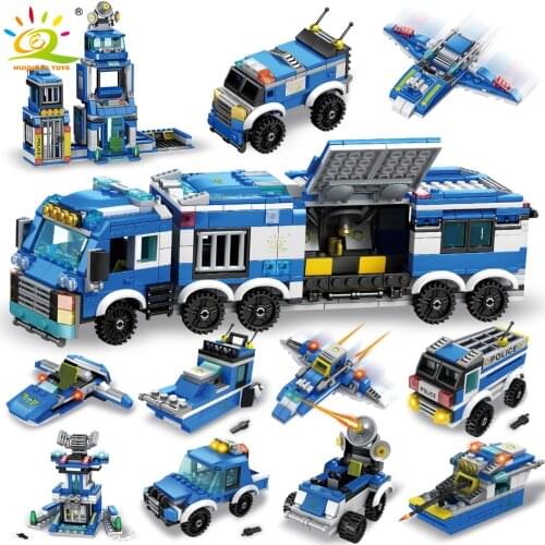 HUIQIBAO 762Pcs Police Station Car Building Blocks City Police Patrol Wagon Vehicle Plane Figures Bricks 8in1 Toys For Children