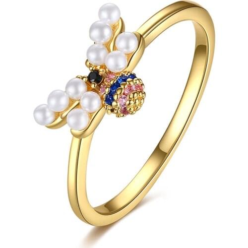 COCOM Cute Bee Gold Color Rings for Women Girls with AAA Cubic Zirconia Pearl Beads Anillos Friends Birthday Gifts Bague Femme